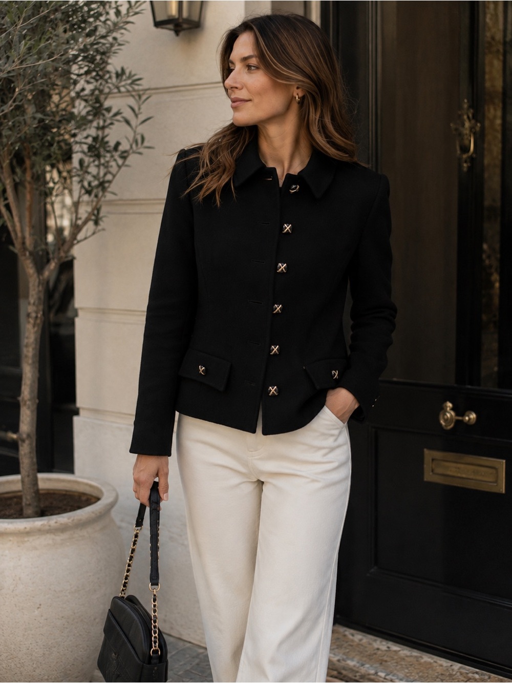 Vintage Herbert Grossman Cynthia Sobel Black Wool Jacket Gold X Buttons USA